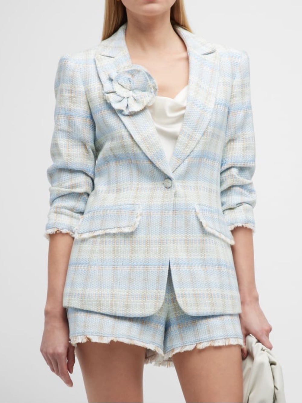 Cinq a Sept Priscilla Pale Blue Ruched Sleeve Tweed Blazer NWOT